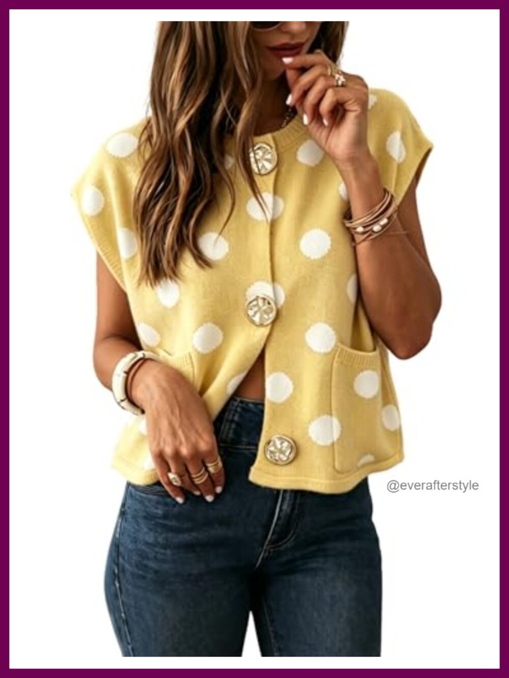 Cropped Knit Cardigan Women Lightweight Polka Dot Boxy Fit Button Front Pockets